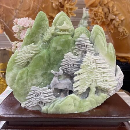 Tác Phẩm Bồng Lai Tiên Cảnh Ngọc Serpentine KT 30x23,5cm – Biểu Tượng Thanh Tịnh & Vượng Khí