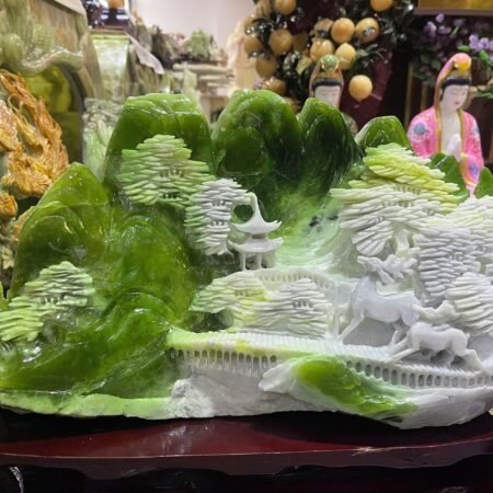 Tác Phẩm Bồng Lai Tiên Cảnh Ngọc Serpentine KT 47×26,5cm – Vẻ Đẹp Tiên Giới, Vượng Khí Trường Tồn